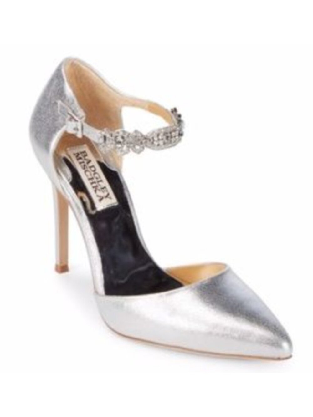Badgley Mischka Silver Crystal Instep Strap Pointed Toe Stiletto Pumps Womens 10
